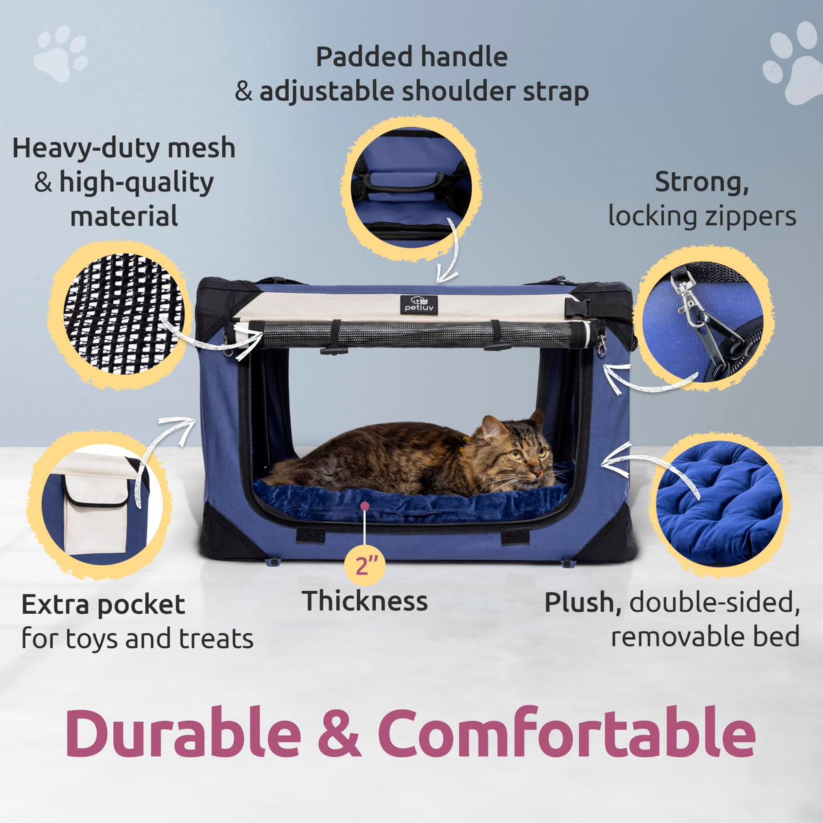 Cat & Dog Pet Carrier, Fits 2 Cats or Medium Dog Comfortably, Large, Navy
