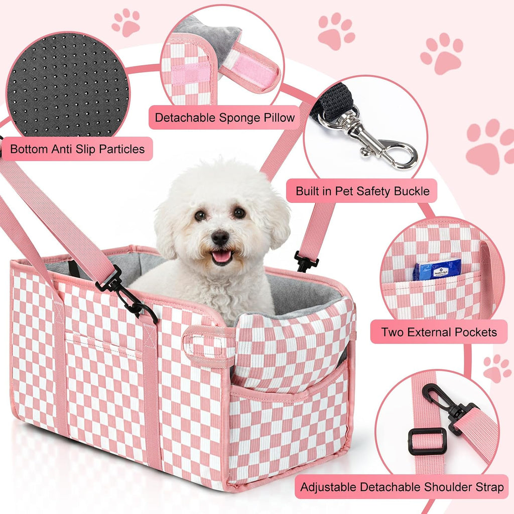 Console Dog Car Seat for Small Dogs, Foldable Booster Seat, Pink Checkered