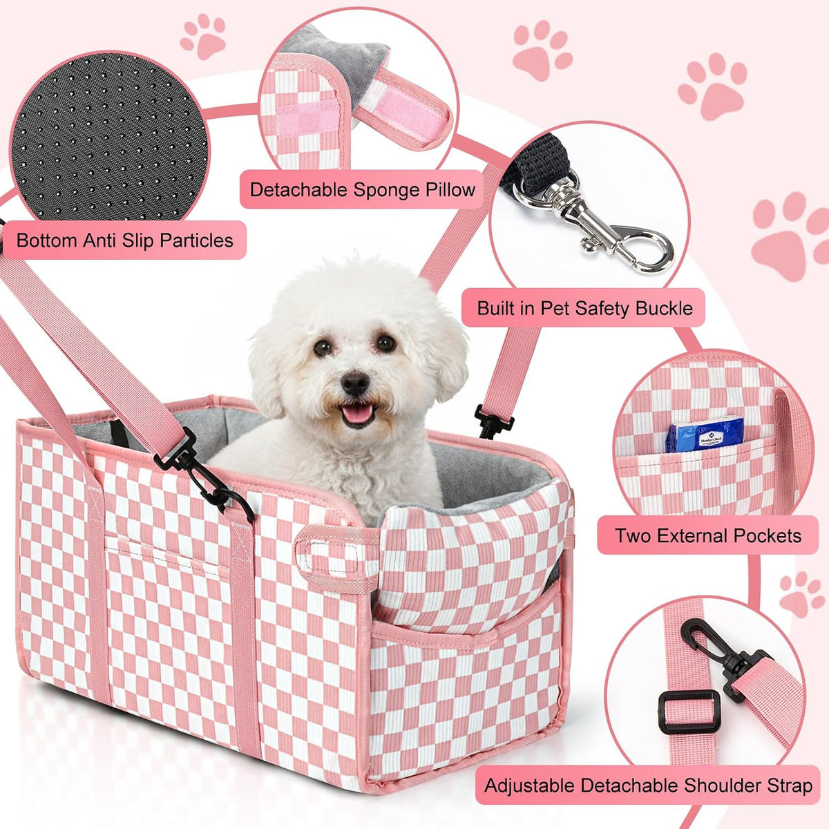 Console Dog Car Seat for Small Dogs, Foldable Booster Seat, Pink Checkered