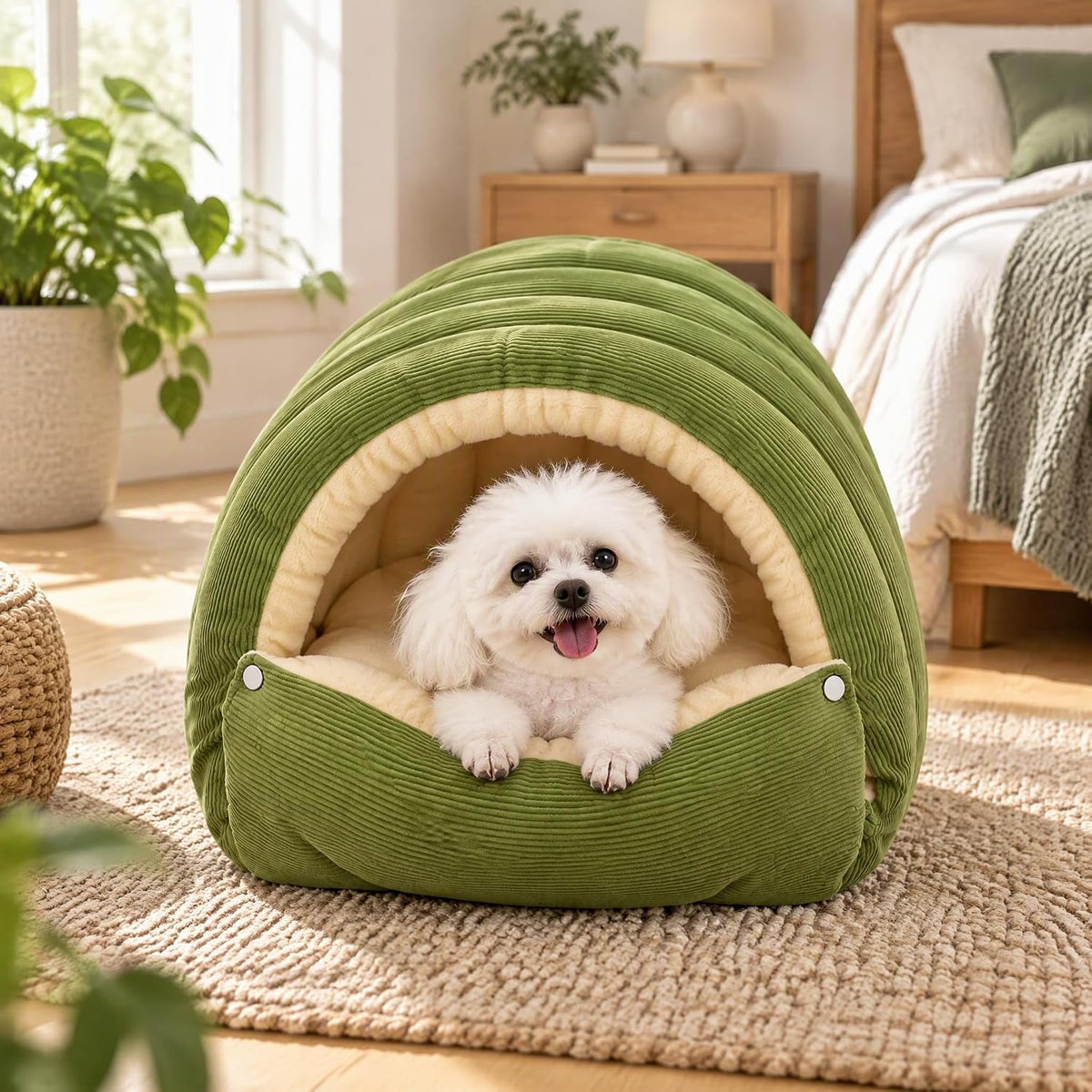 Dachshund Cave Bed, Dog Cave Bed for Dogs & Cats (Olive Green, Medium)