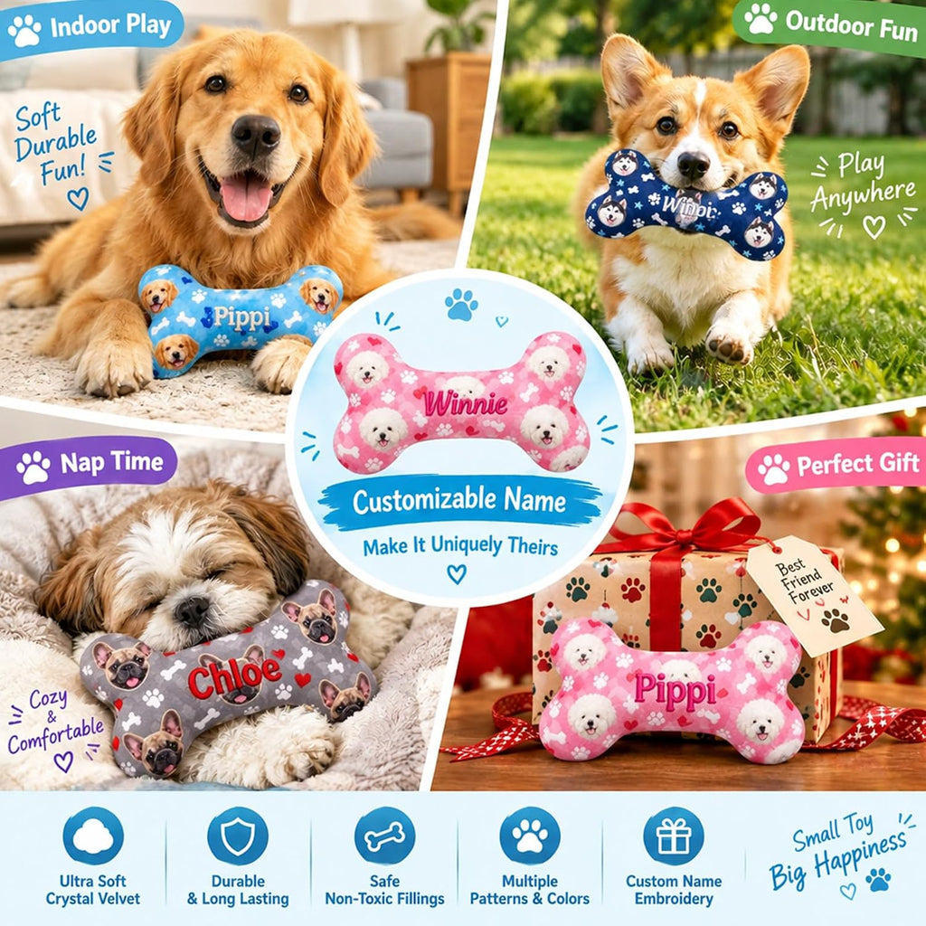 Personalized dog bone toy, embroidered pet name plush stuffed gift