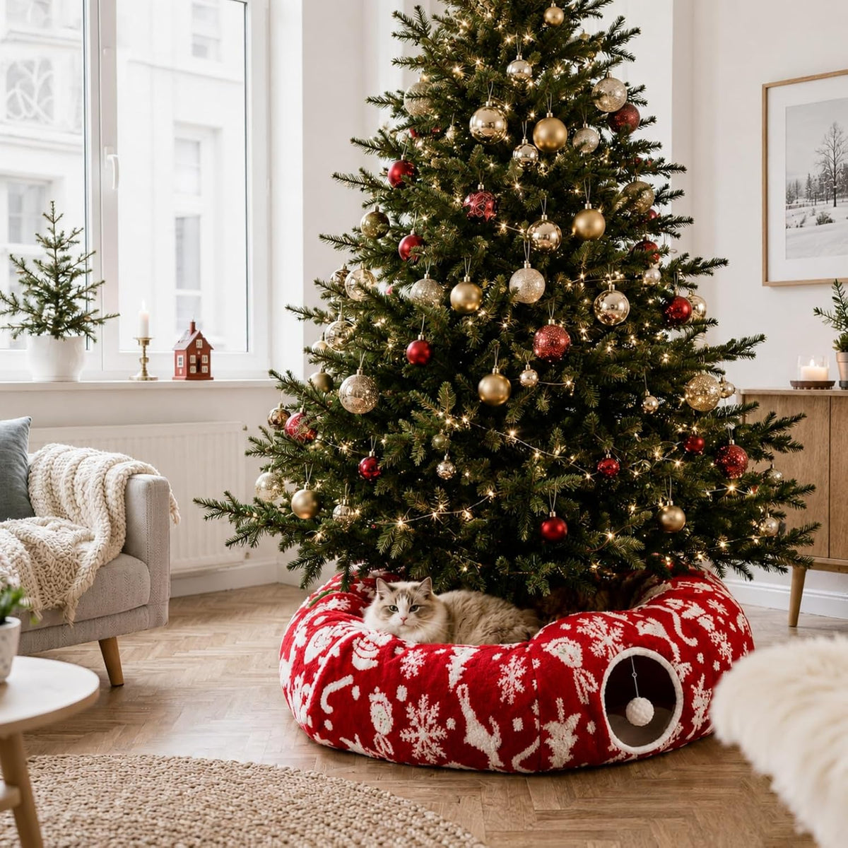 35.4" Christmas Cat Tunnel Bed, Plush Cat Cave & Tree Skirt