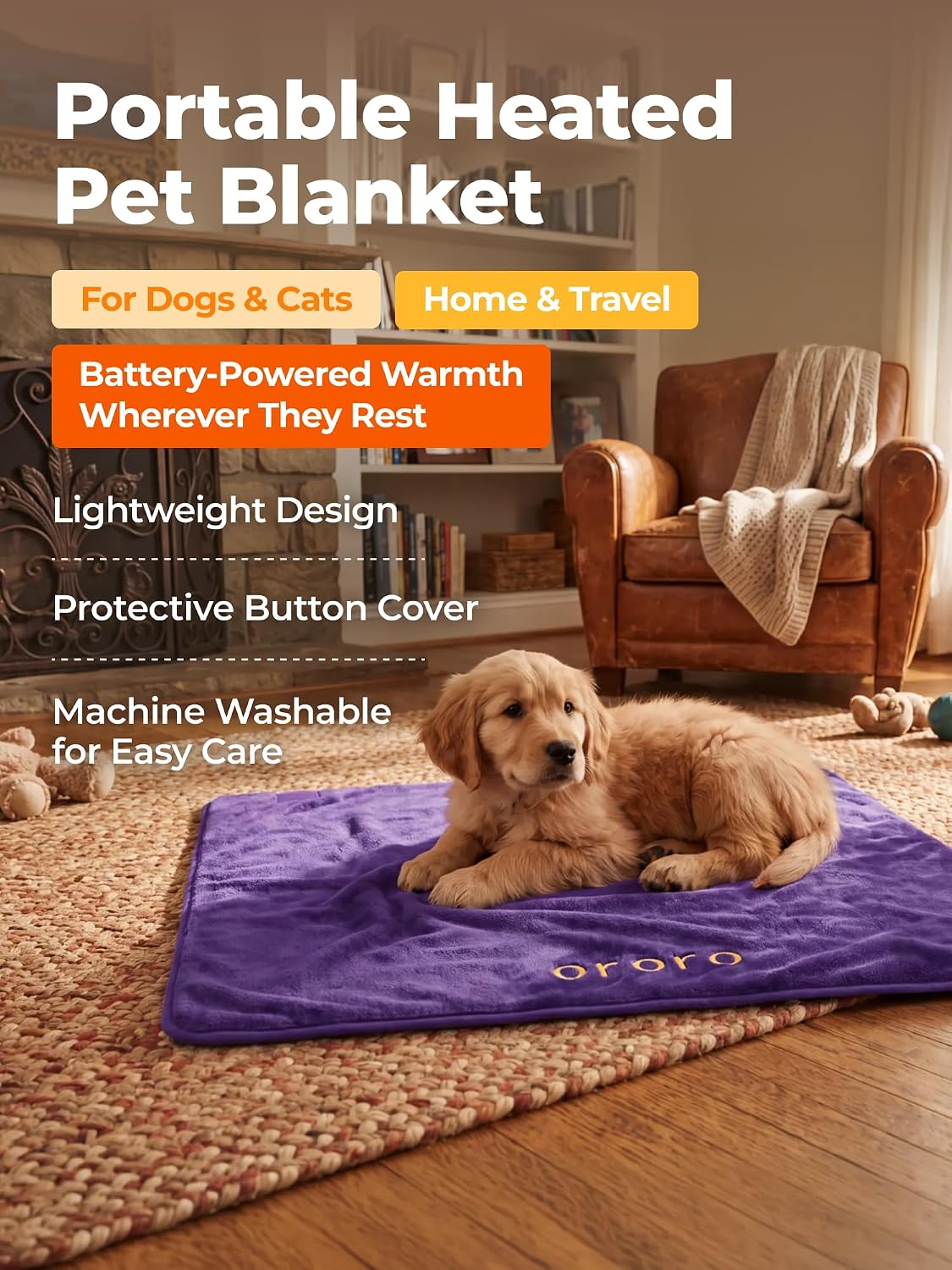 ORORO 2-Zone Heated Pet Blanket, Soft Portable Pet Mat (28" x 30")