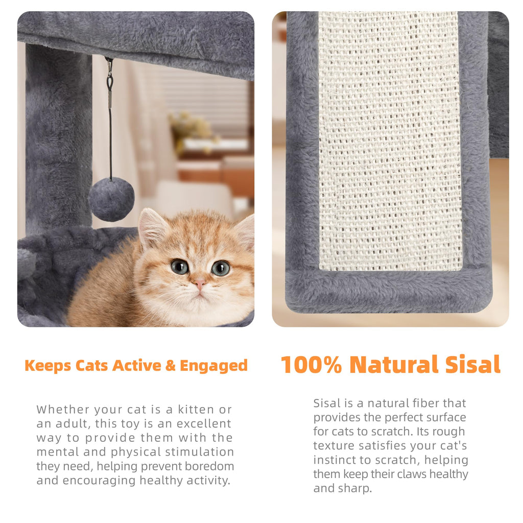 YOUPET Cat Tree with Cat Scratching Post for Indoor Cats, Cat Tower with Scratching Board and Playful Toy Balls, Cat Tree Tower with Cozy Hammock,Grey