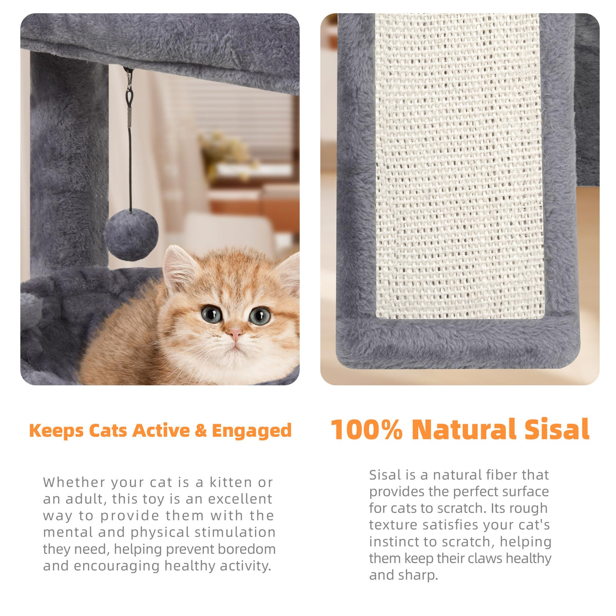 YOUPET Cat Tree with Cat Scratching Post for Indoor Cats, Cat Tower with Scratching Board and Playful Toy Balls, Cat Tree Tower with Cozy Hammock,Grey