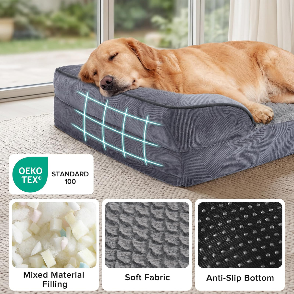 INVENHO Orthopedic Dog Beds Large Sized, XL Washable Dog Sofa with Egg-Crate Foam, Waterproof Lining and Non-Skid Bottom