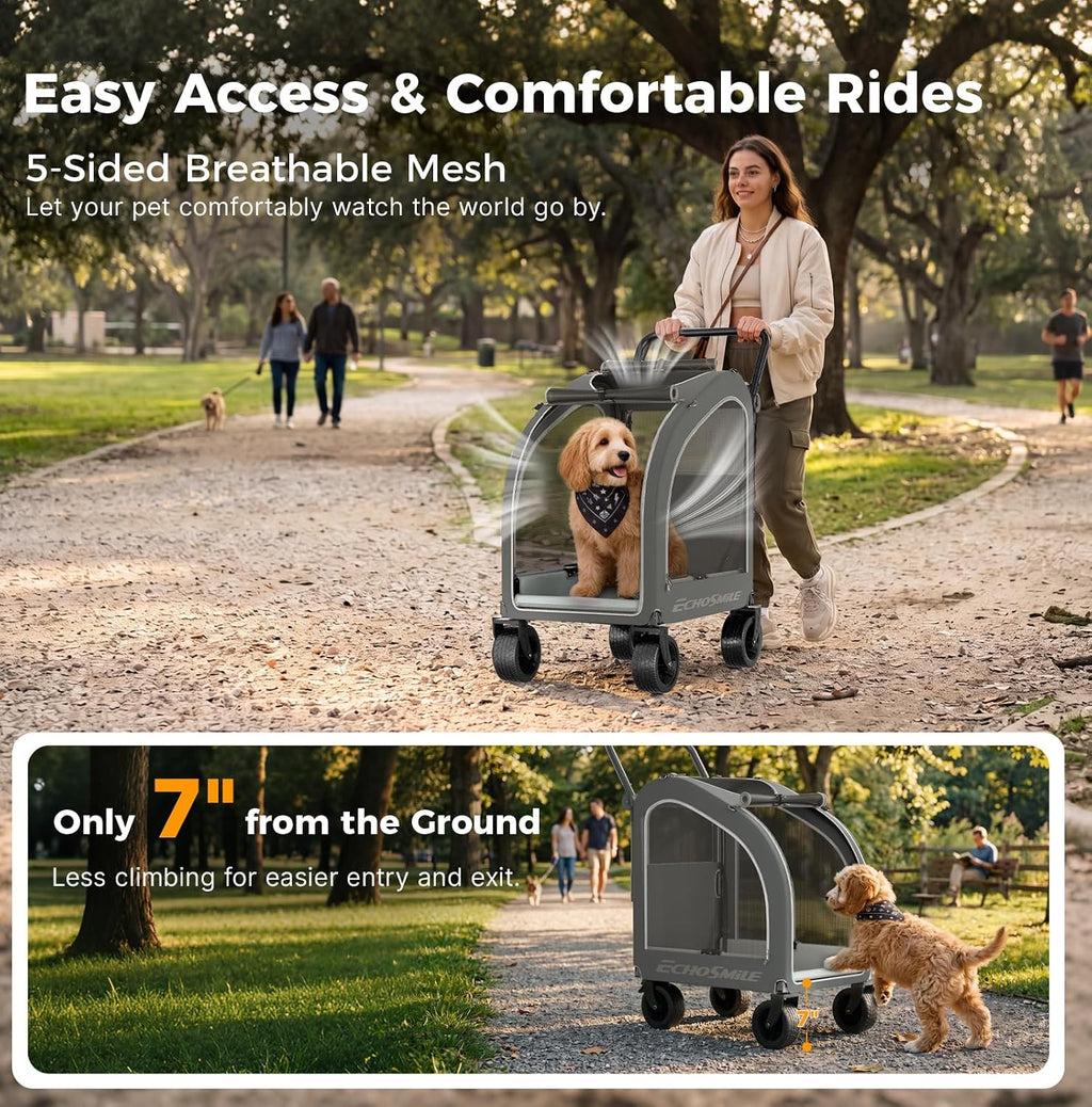 EchoSmile 4-Wheel Pet Stroller for Dogs & Cats, Up to 135 lbs, Grey