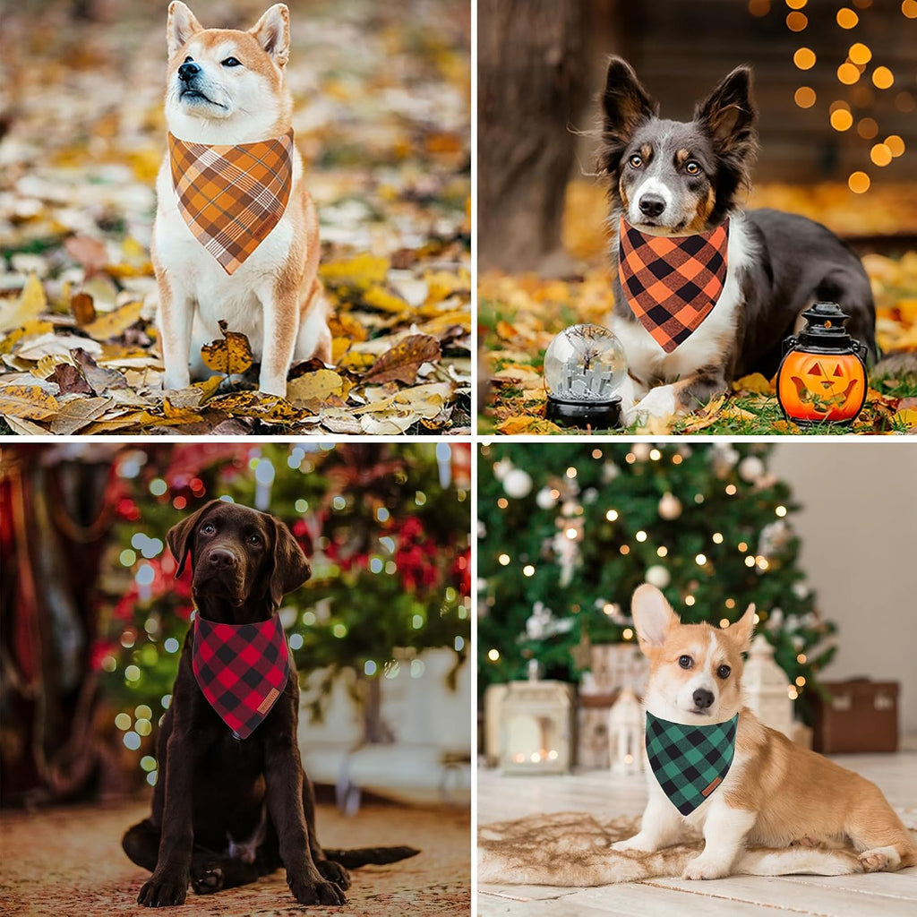 Fall Christmas Dog Bandanas, Plaid Dog Scarf, 4 Pack, Large