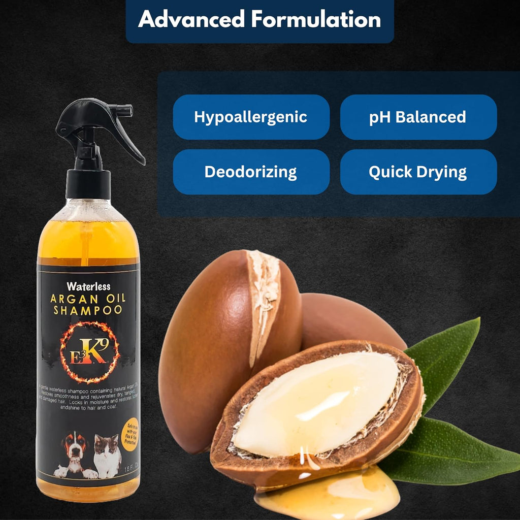 E3K9 Waterless Dog Shampoo 16 oz - Argan Oil Scented Dry Shampoo for Dogs & Cats - No Rinse - Waterless Pet Shampoo for 