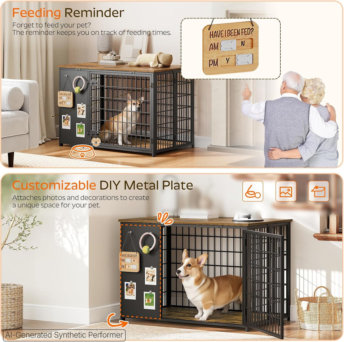 YATINEY Foldable Dog Crate Furniture, Dog Crate with DIY Frame, Heavy Duty Dog Kennel Indoor with Hooks, Wooden Dog Cage