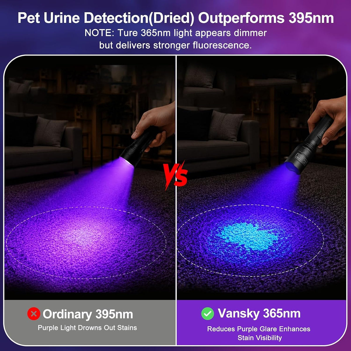 Vansky 365nm UV Flashlight for Pet: 99% Enhance Hidden Stain Detection Rate