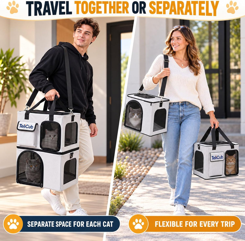 2-Pack Cat Carriers for Travel, Cat House with Scratcher & Tunnel