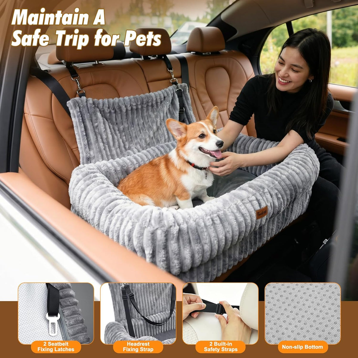 Pawaboo Dog Car Seat Bed, Memory Foam Booster for Medium/Large Dogs, Gray