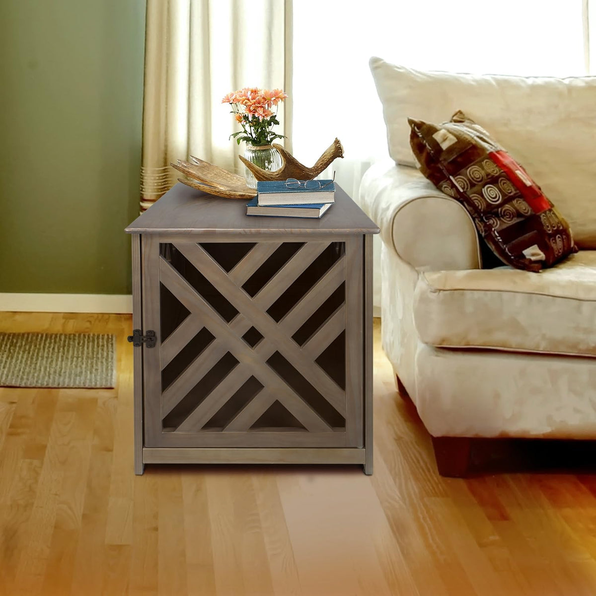 Casual Home Wooden Lattice Pet Crate, End Table, Taupe Gray