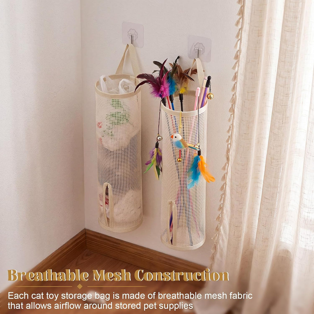 Hsei 4 Pack 15.16" Cat Wand Toy Organizer, Mesh Storage Bag Holder & Hooks