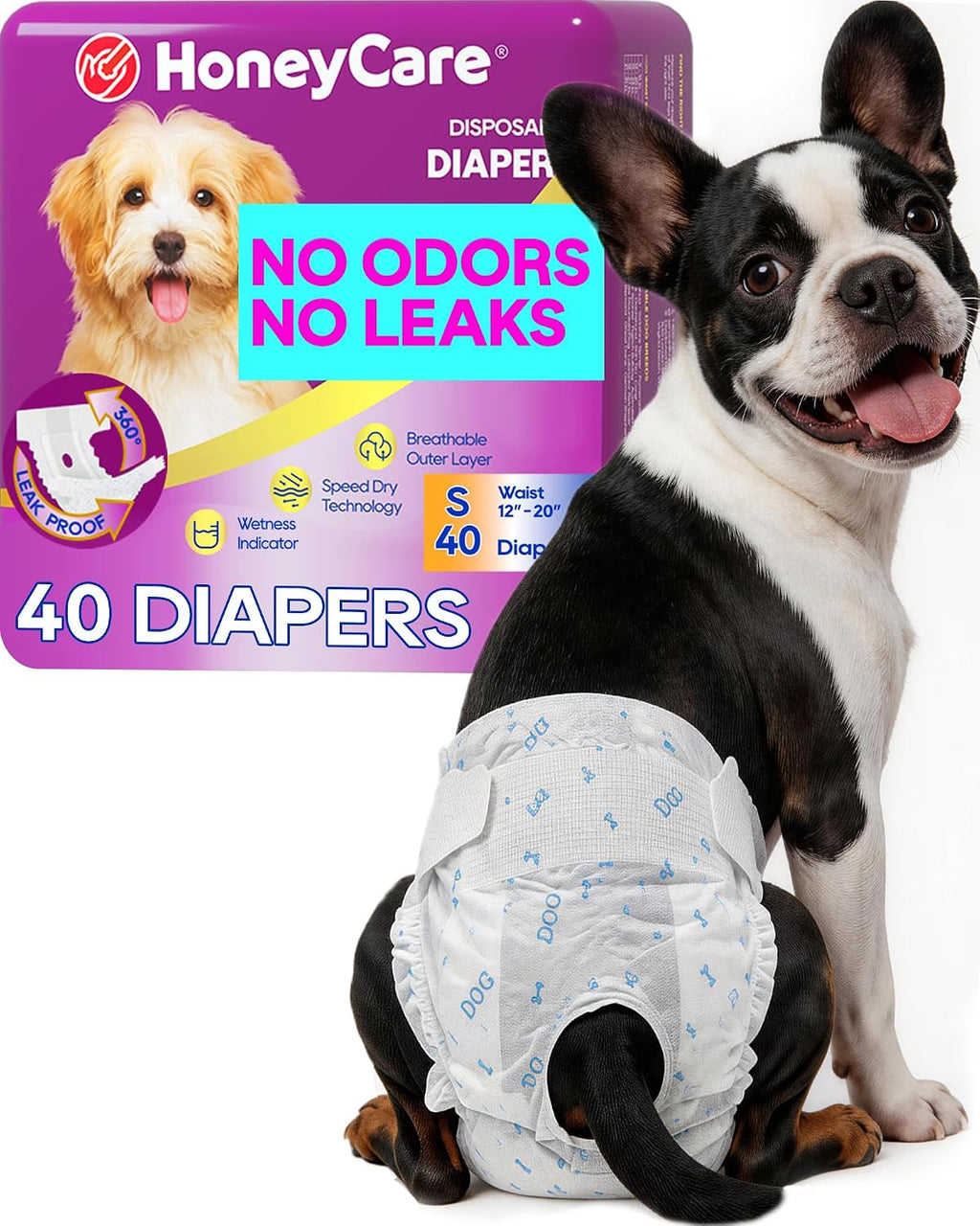 HONEY CARE All-Absorb Disposable Female Dog Diapers Small Size, Improved, 40 Count, Super Absorbent, Breathable, Wetness