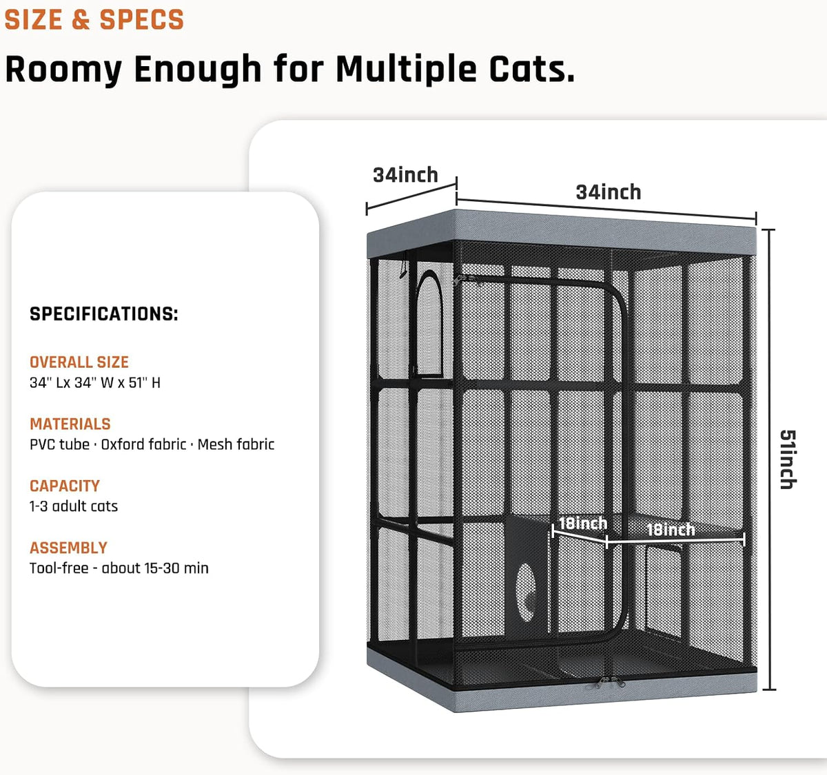 Large 3 -Tier Catio Outdoor Cat Enclosures Weatherproof, 51" H