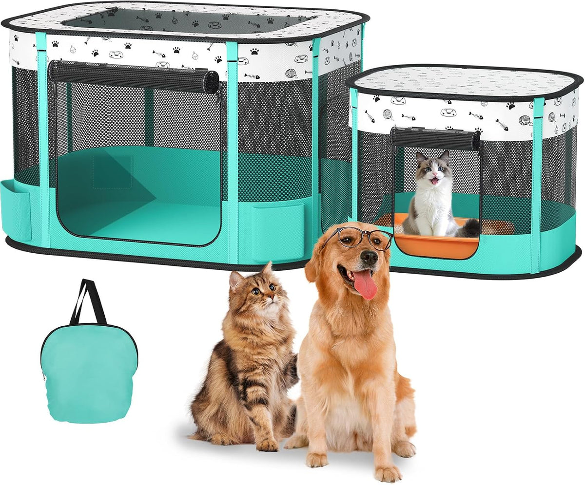 Portable Cat Playpen with Litter Box Area, Foldable Pet Dog Playpen