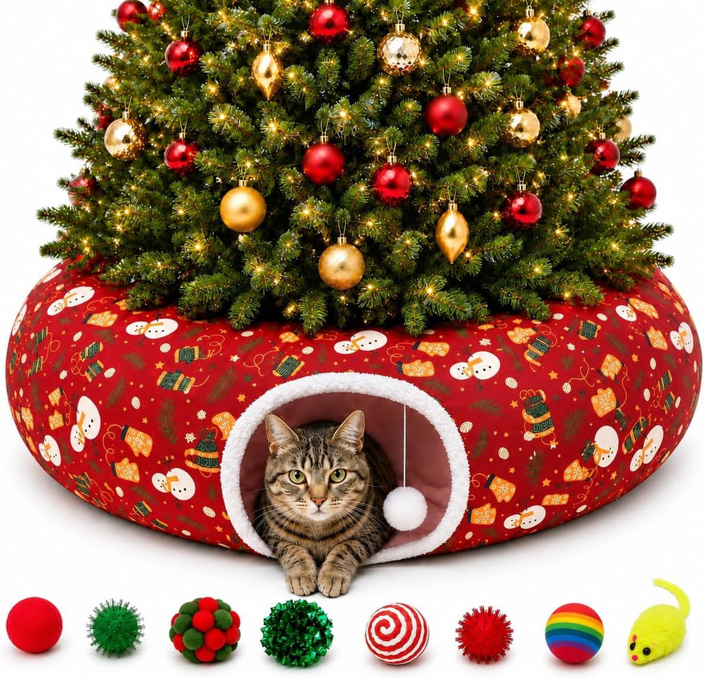 Cat Tunnel Under Tree in Christmas Style with Star, Crutches Candy, and Snowflakes Patterns - 3FT x 3FT x 9.8 INCH Size 