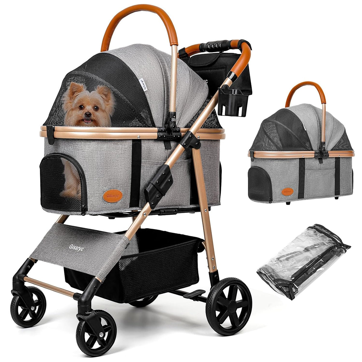 Dog Cat Stroller for Small/Medium Pets, 50 lbs, 3-in-1 Pet Stroller, Khaki