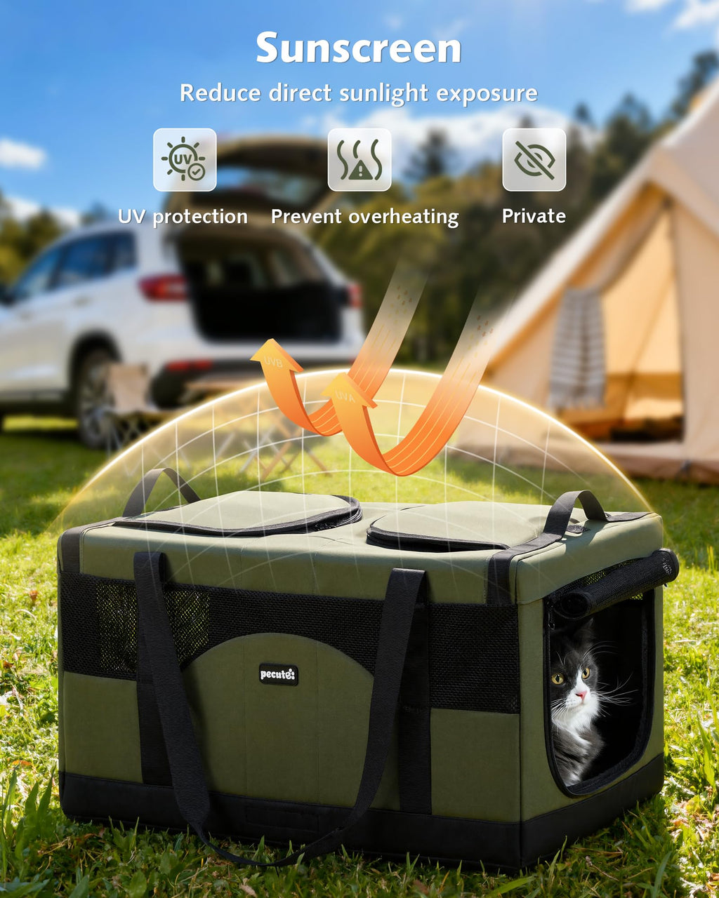Pecute Large Cat Carrier, Soft Double Pet Crate for 2 Cats Travel, Green