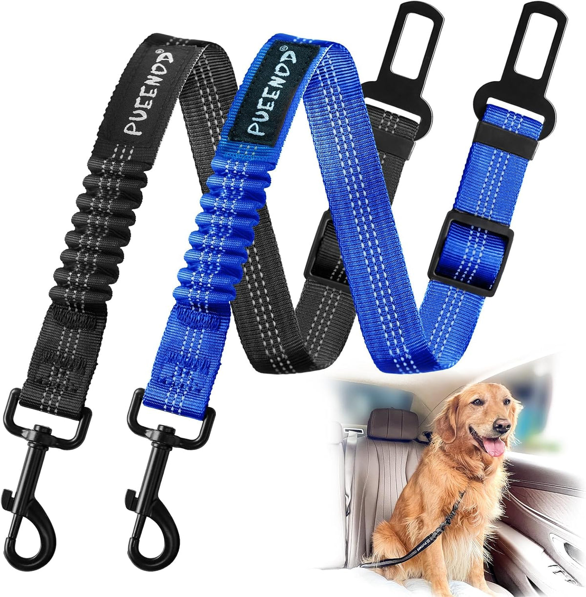 2 Pack Dog Seat Belt Adjustable Dog Car Seatbelts for Vehicle Nylon Pet Safety Seat Belt with Elastic Bungee Buffer Refl