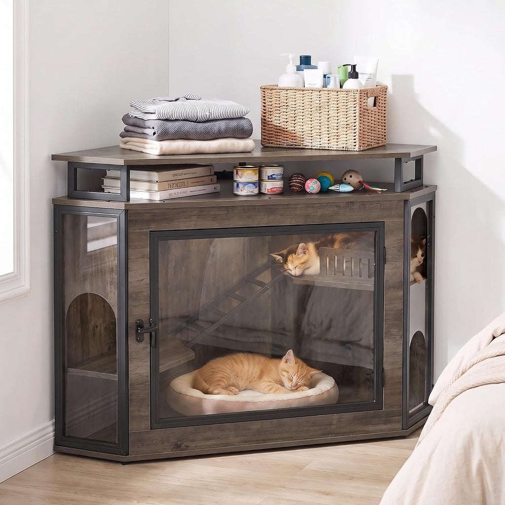48" Corner Cat Cage Furniture w/2-Tier Shelves, Large Cat House