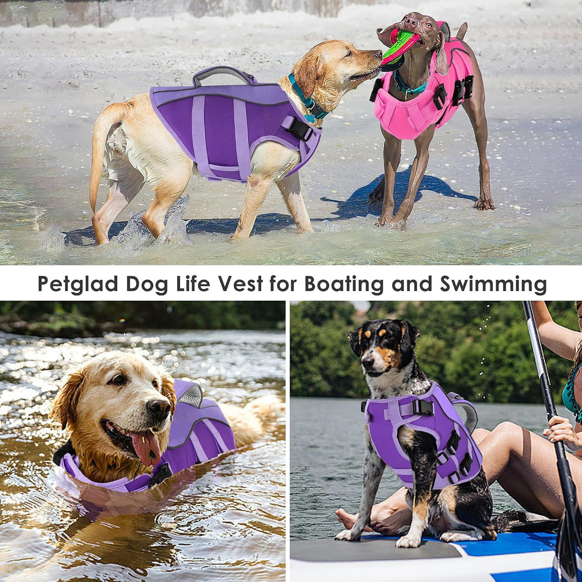 Dog Life Jacket with Handle Adjustable Swim vest, Purple, M