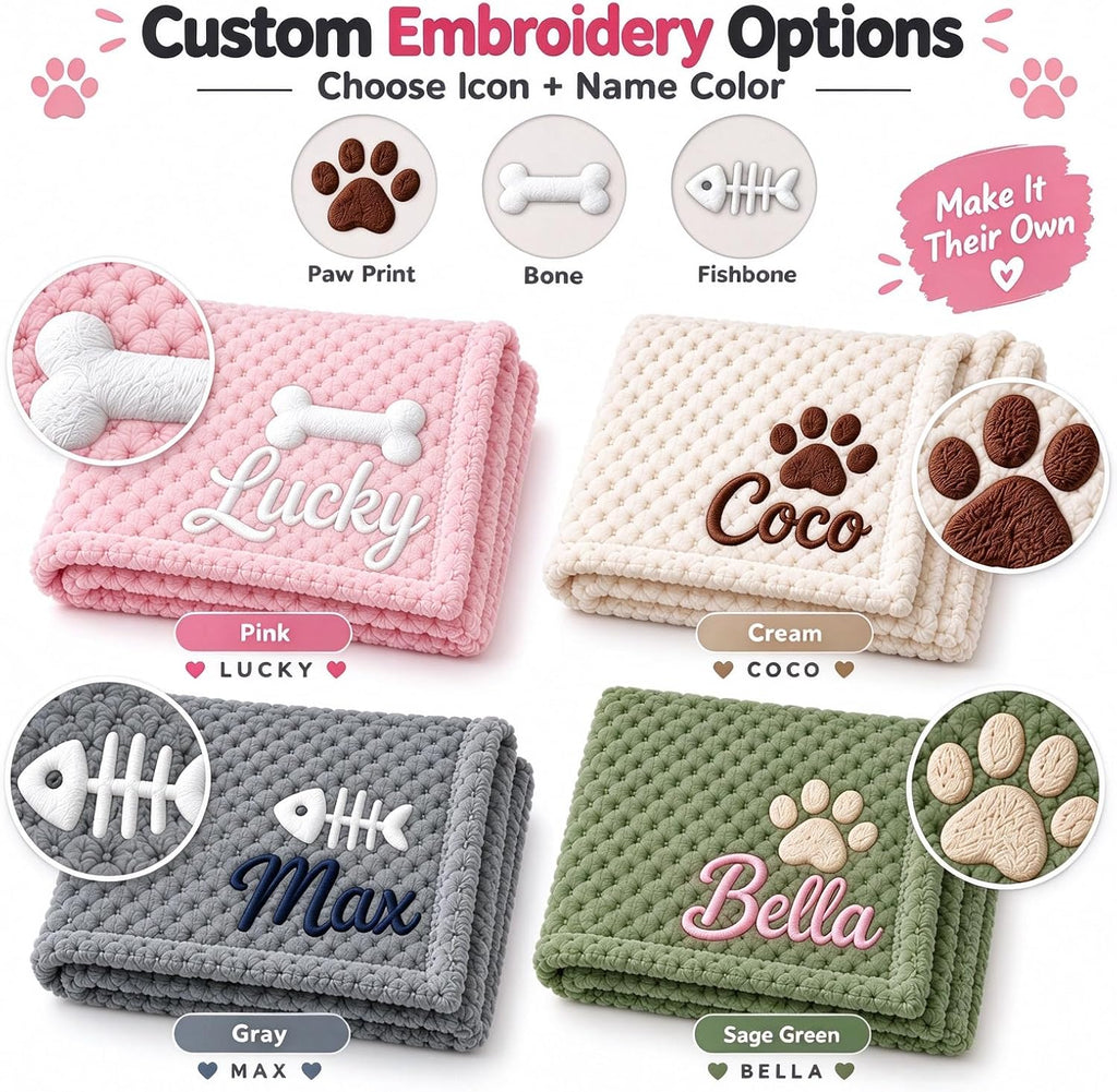 Personalized Pet Blanket Custom Name Embroidered Dog Cat Blanket Soft Throw