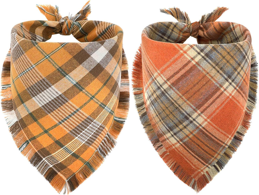 Vivifying Fall Dog Bandana, 2 Pack Plaid Dog Scarf with Tassels Edges, L