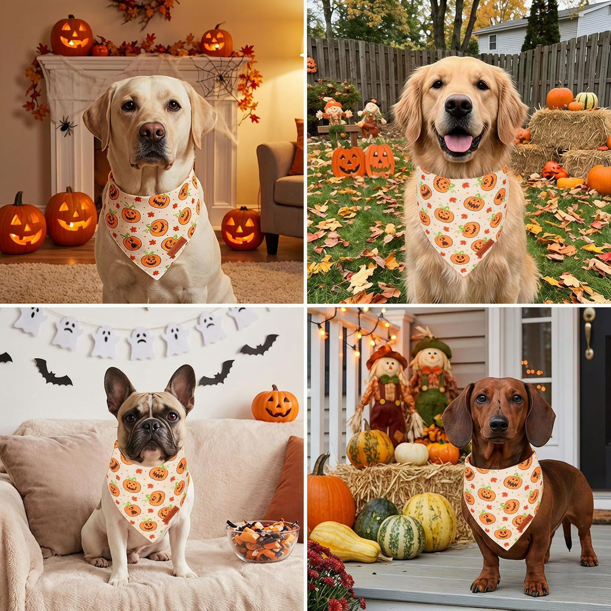 PTDECOR Halloween Dog Bandanas, Yellow Jack-o'-lantern Pet Scarf, Large