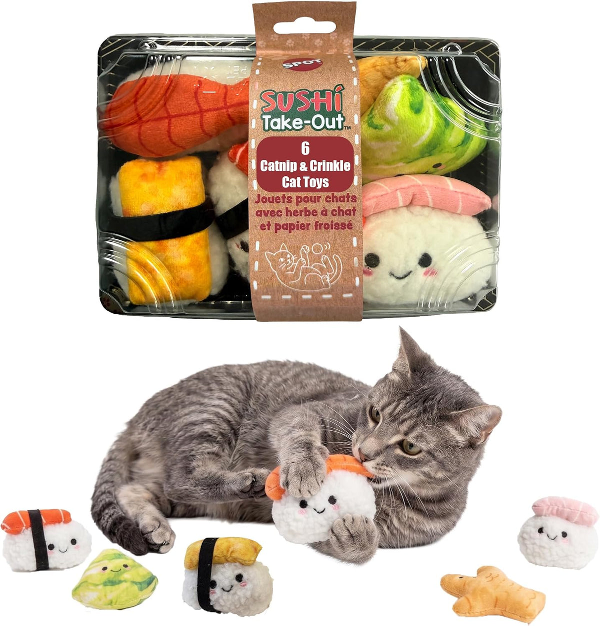 SPOT Sushi Roll Take-Out Cat Toys, Catnip and Crinkle Filled Soft Plush Toys for Indoor Cats, for Single or Multi-Cat Ho