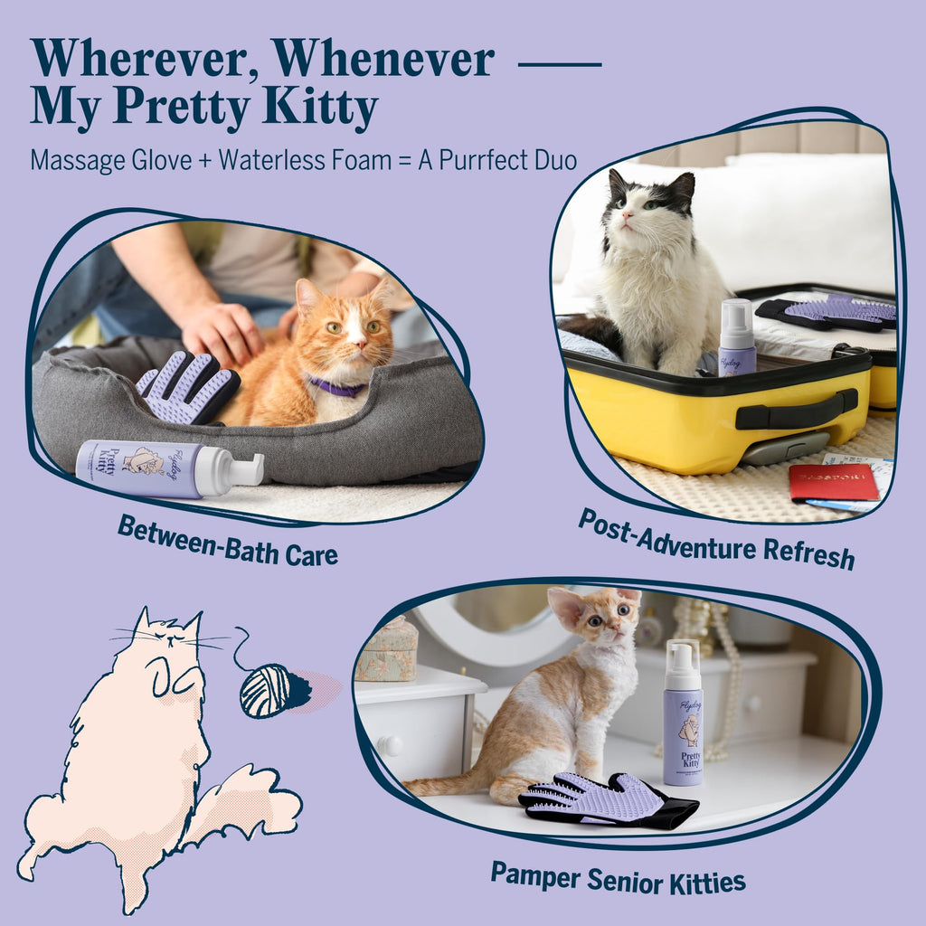 Pretty Kitty Waterless Cat Dry Shampoo with Grooming Glove– No Rinse, Lick-Safe, Moisturizing for Dry Skin, Dandruff, Deshedding, Wash Soap Spray Foam for Kittens, Bathing & Cleaning Supplies