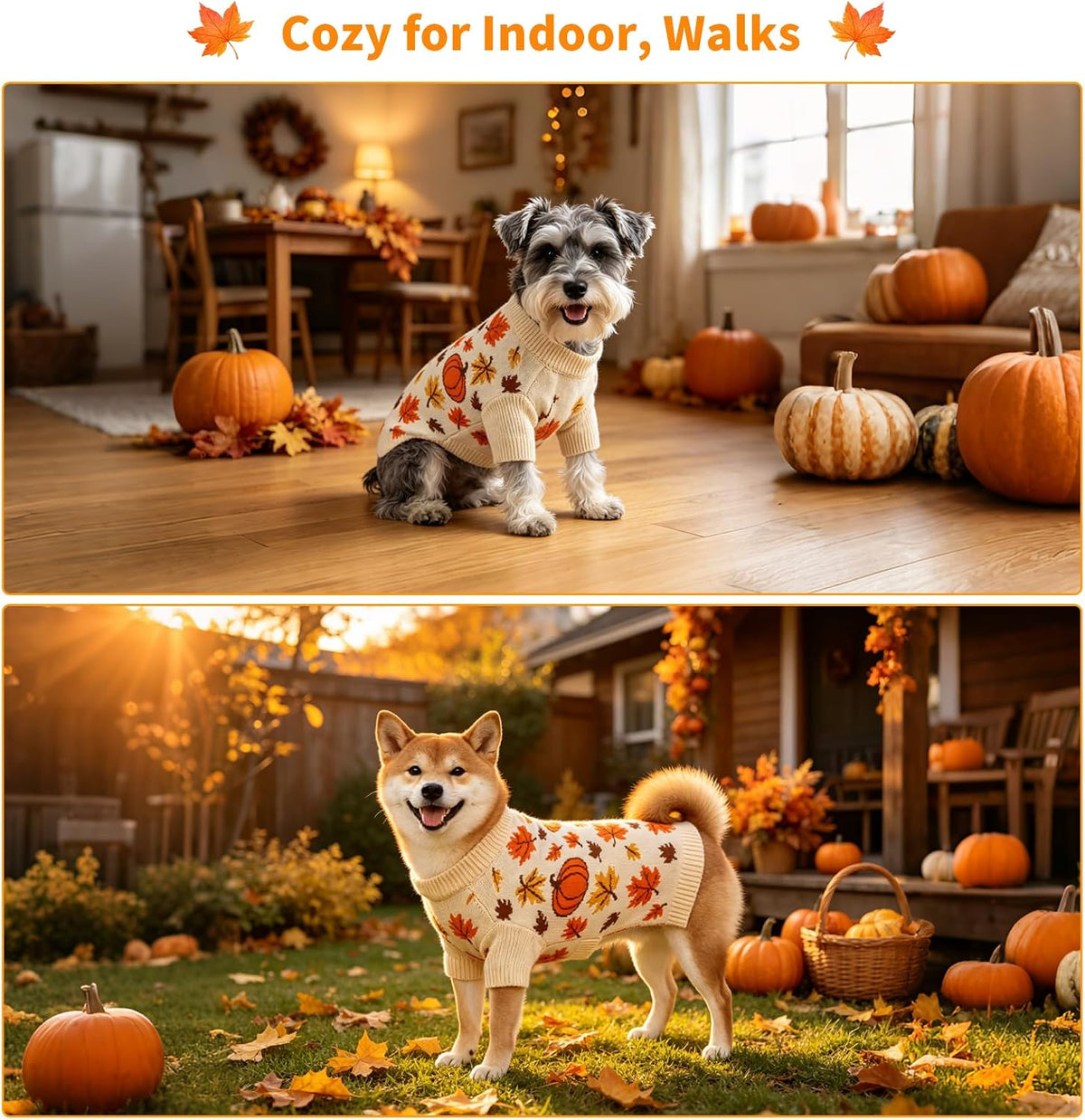 Thanksgiving Dog Sweater, Pumpkin Maple Leaf Fall Pattern, XL