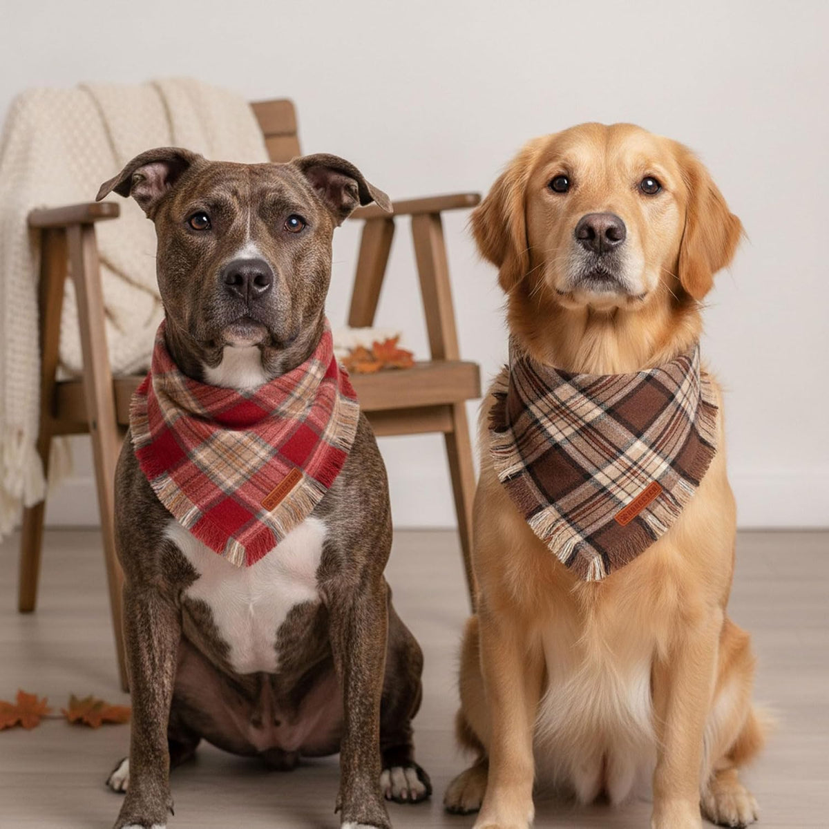 Fall Dog Bandanas with Fringe, Red Brown Plaid Dog Scarf, Large