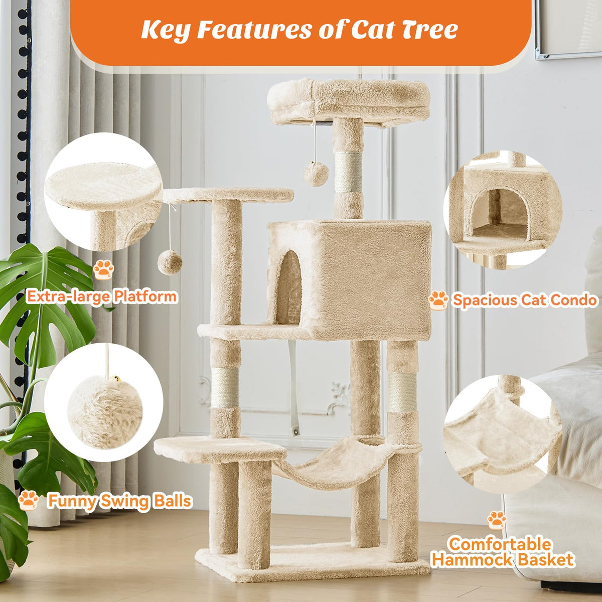 DUMOS Small 44 in Cat Tree Tower with Natural Sisal Scratching Posts