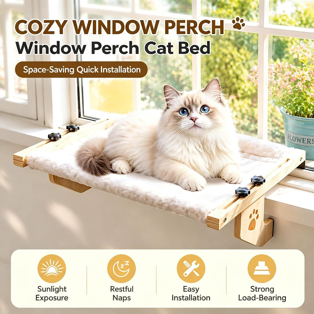Cat Window Perch, Cordless Window Cat Bed for Indoor Cats, Holds 44 lbs