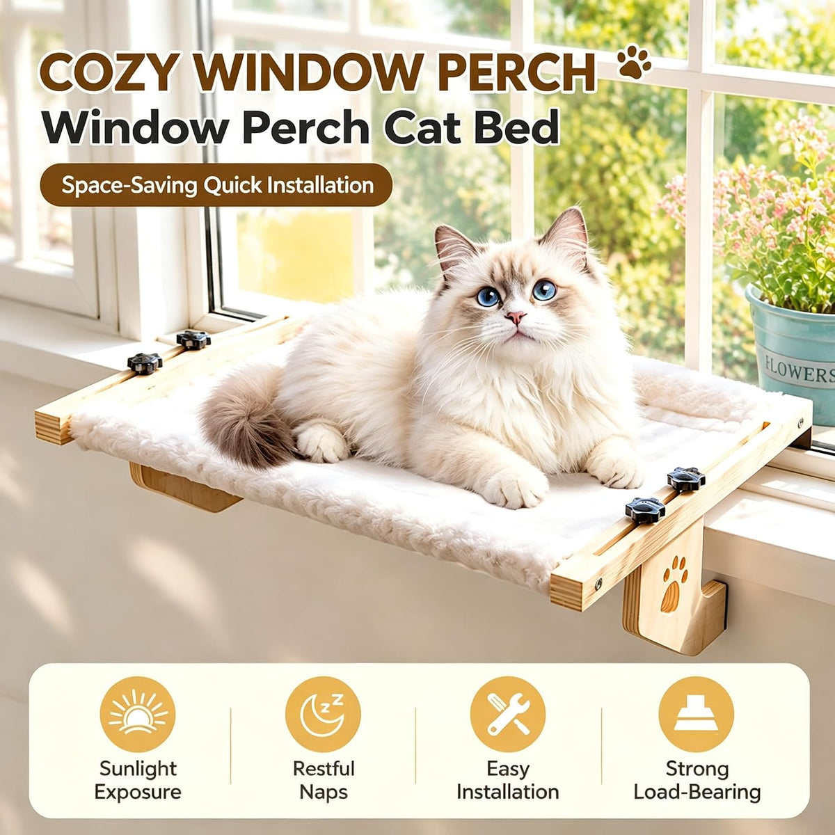 Cat Window Perch, Cordless Window Cat Bed for Indoor Cats, Holds 44 lbs