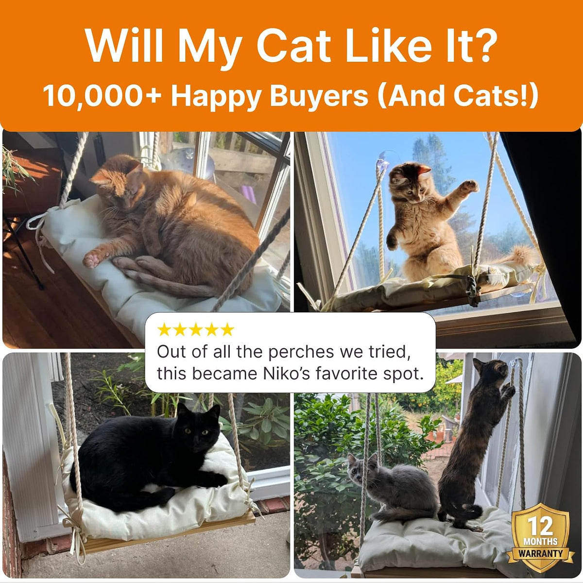 Cat Window Perch with Industrial-Grade Suction Cups - Solid Pine Wood Hammock Bed, Soft Cushion - 42 lb Capacity for Cat