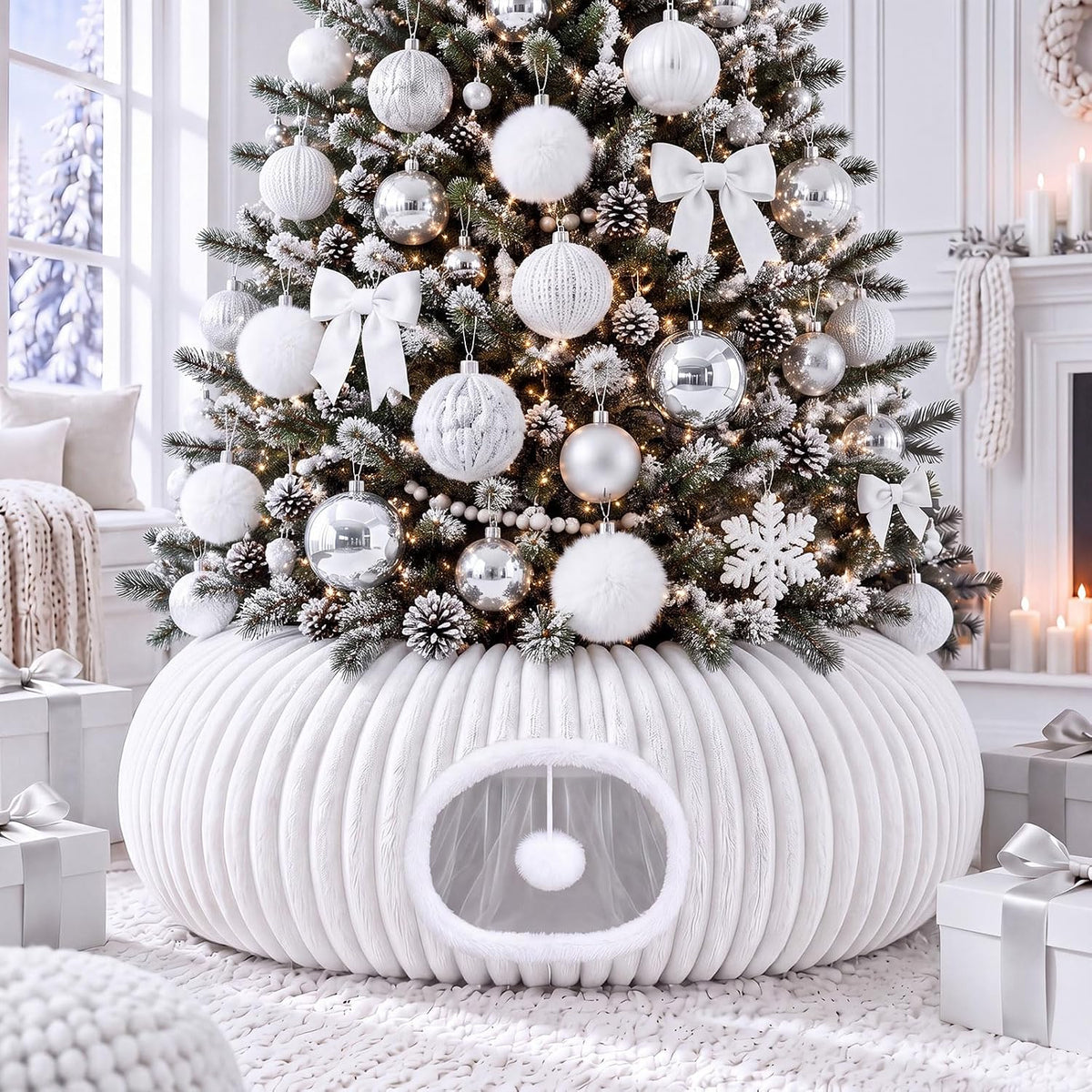 Christmas Tree Cat Tunnel 36in Donut Bed, Red, Velvet, Fluffy