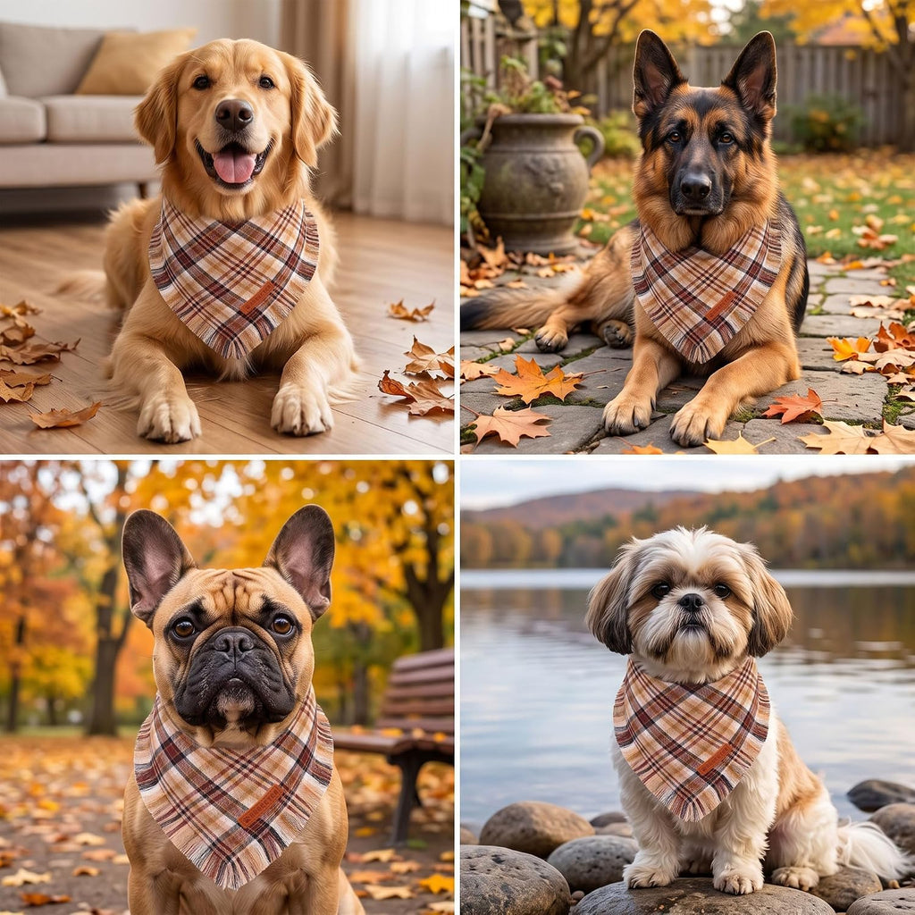 Brown Plaid Fall Dog Bandana, Fringed Thanksgiving Dog Scarf, L