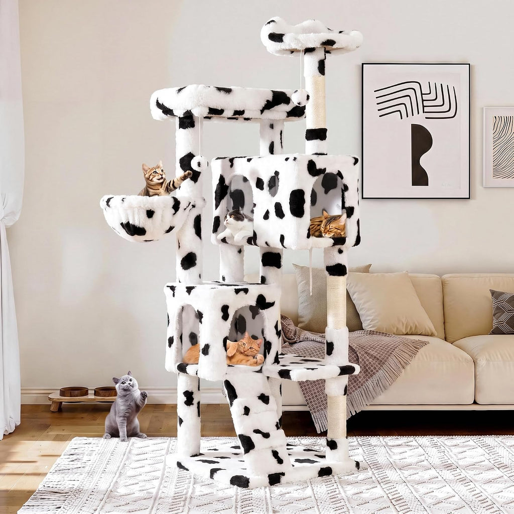 Allewie 64 Inches Multi-Level Cat Tree Tower for Indoor Cats, Cow Print