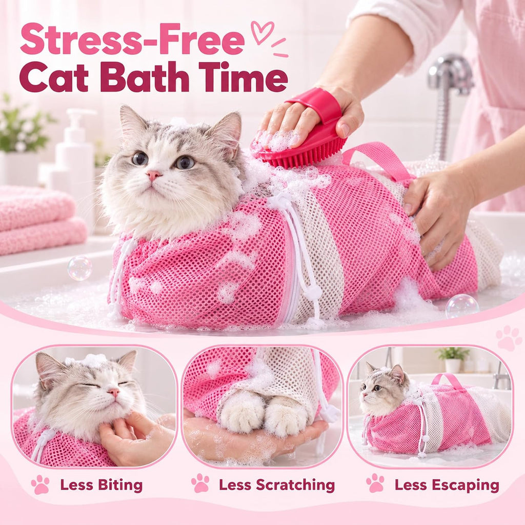 5PCS Cat Bathing Bag Grooming Kit with Brush, Nail Clipper & Towel