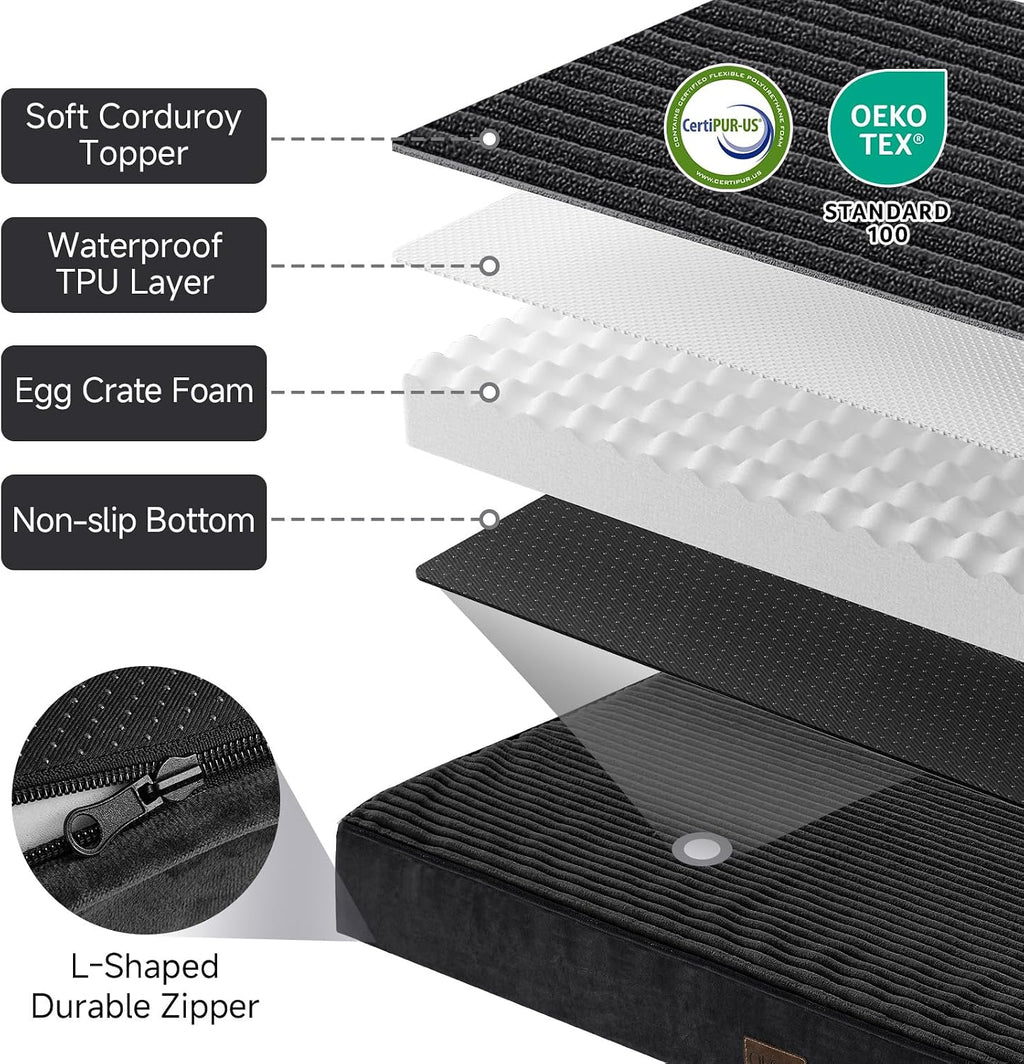 OhGeni Orthopedic Waterproof & Machine Washable Dog Bed for Medium Large Pets, Suitable for Crates, 25D Egg Crate Foam, 