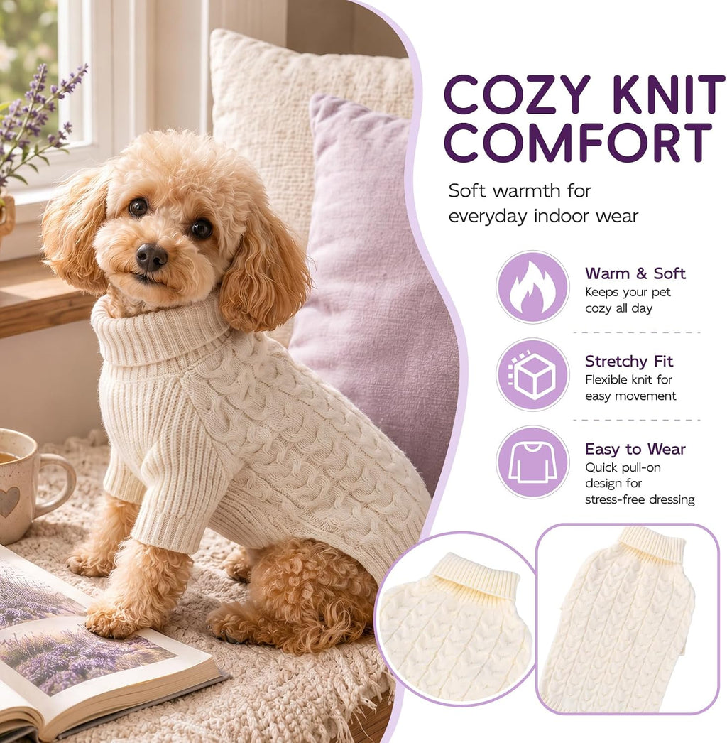 Dog Sweater Turtleneck Cable Knit Pet Sweater for Medium Large Dogs Soft Warm Cream White Dog Winter Clothes with Sleeve