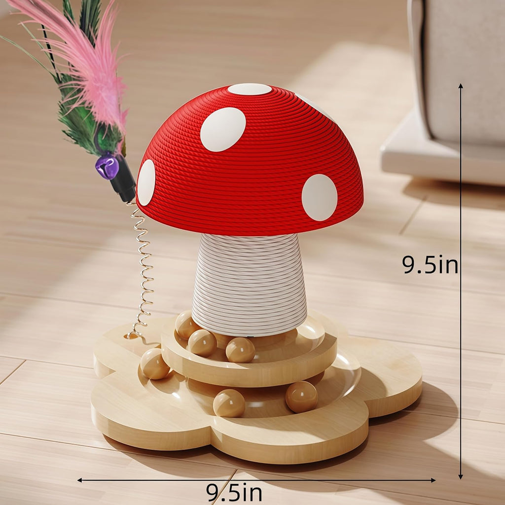 Mushroom Shape, Sisal Scratching Post with Double Layer Turntable & Feather