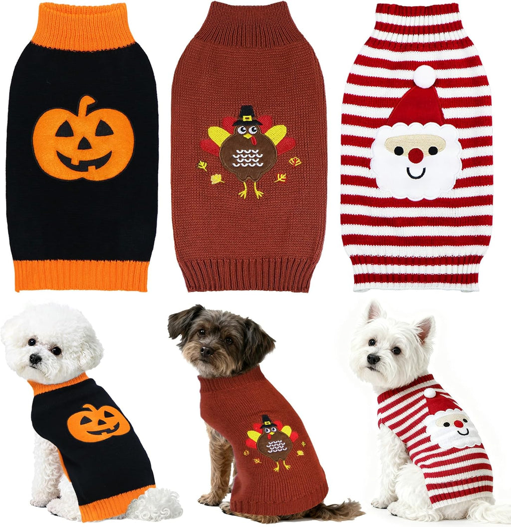 3 Pack Dog Halloween Thanksgiving Christmas Holiday Sweater for Dogs (Medium)