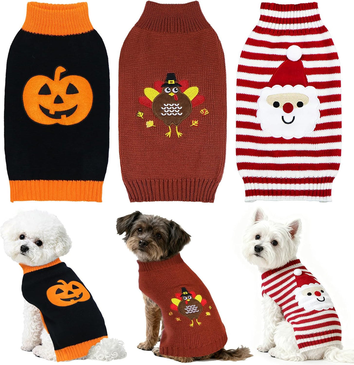 3 Pack Dog Halloween Thanksgiving Christmas Holiday Sweater for Dogs (Medium)