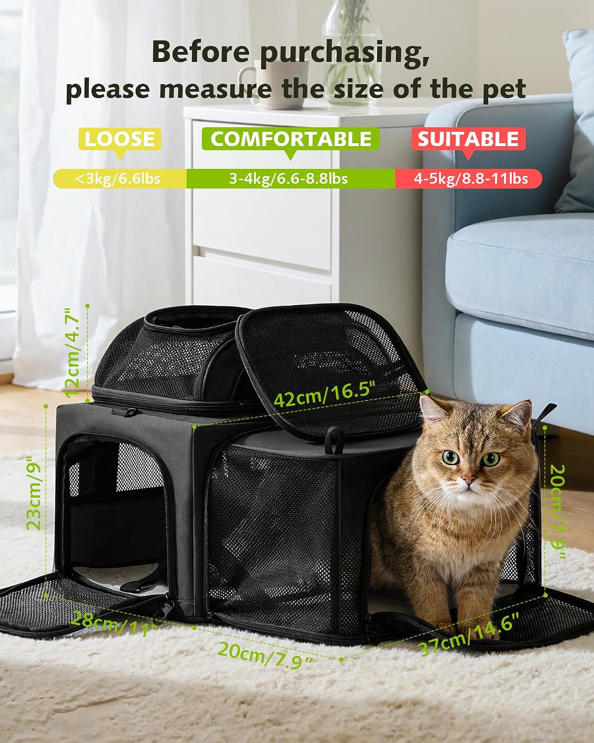 Pecute Top Expandable Airline Approved Pet Carrier for Cats, Dark Gray