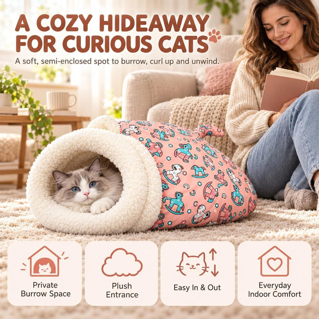 Cat Sleeping Bag for Indoor Cats, Plush Cat Sack Bed with Cozy Cave Opening